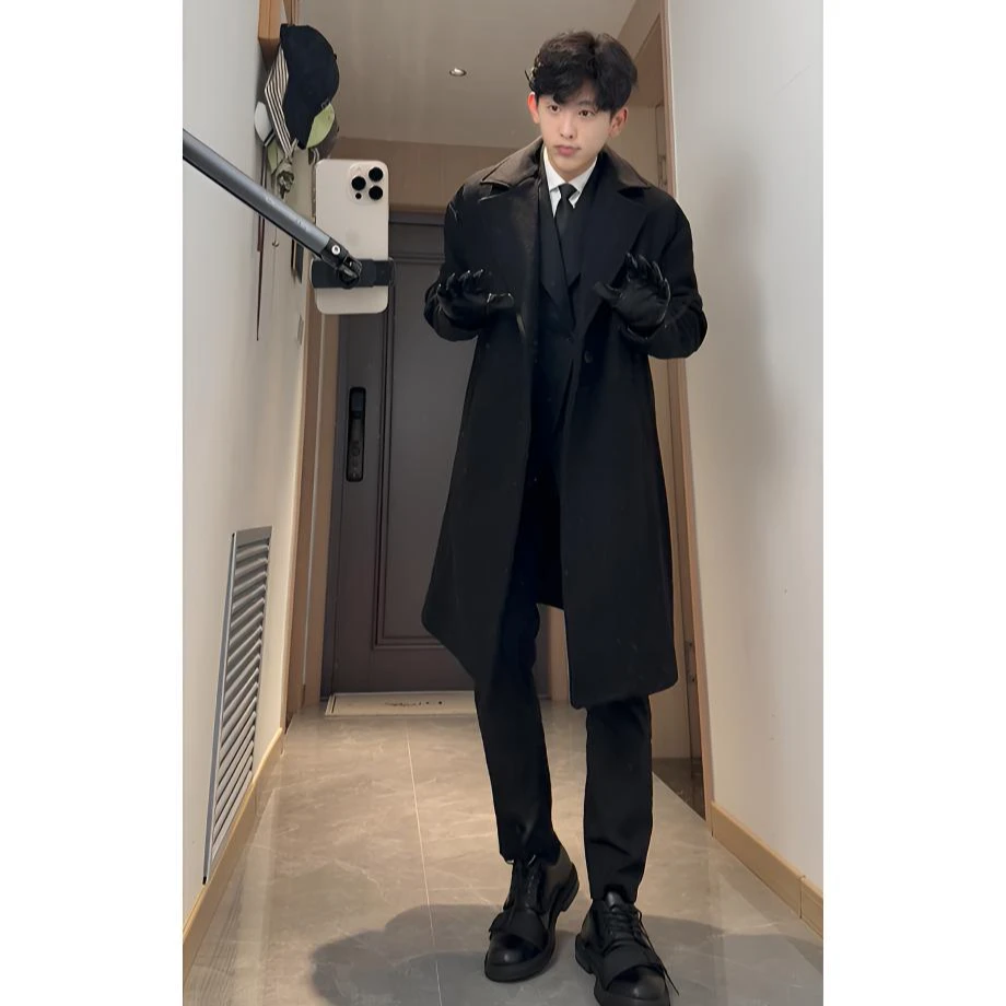 双排扣毛呢大衣男士中长款秋冬保暖加厚大翻领风衣休闲呢子外套男