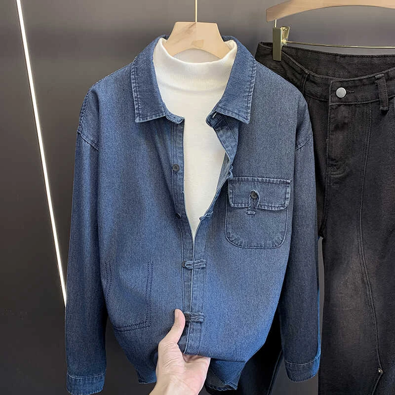 2024秋季新款牛仔长袖衬衫男新中式小众设计感盘扣衬衣国风外套潮