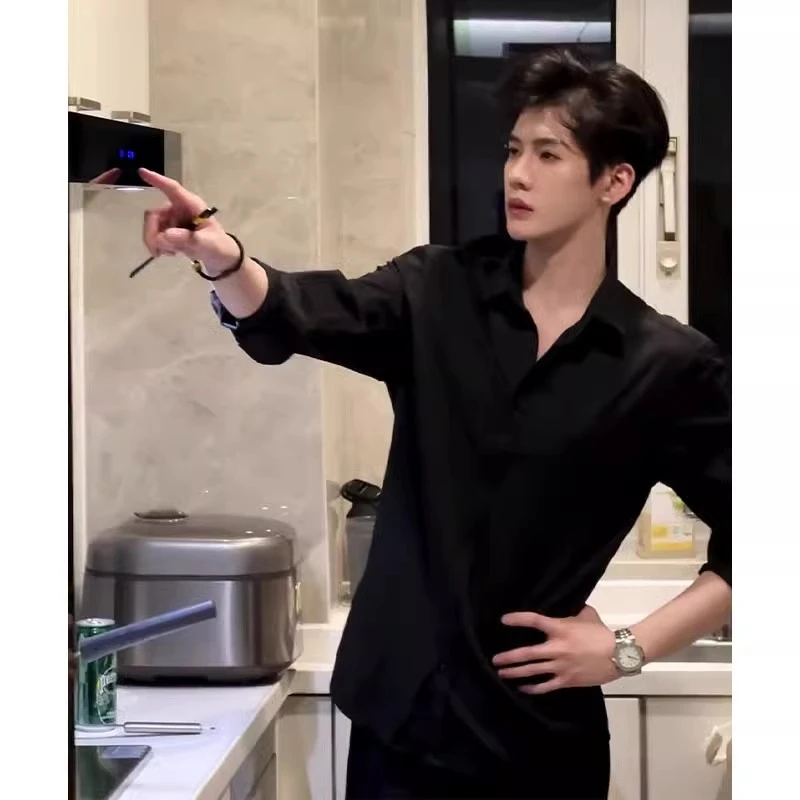 高级感黑色衬衫男长袖痞帅穿搭男装禁欲系那不勒斯西装内搭衬衣