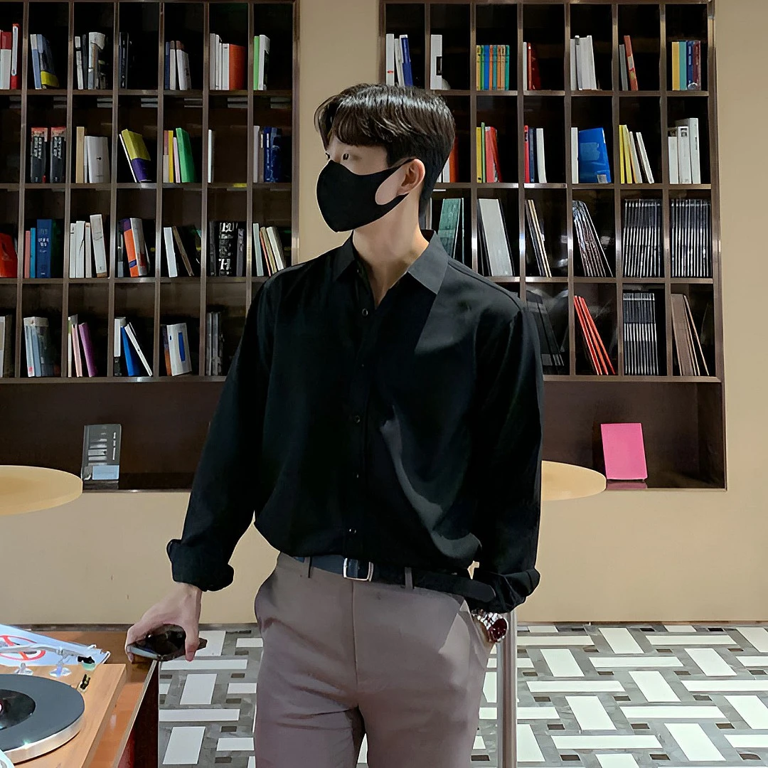 黑色衬衫男长袖韩版正肩简约冰丝凉感衬衣男轻奢高级感商务休闲