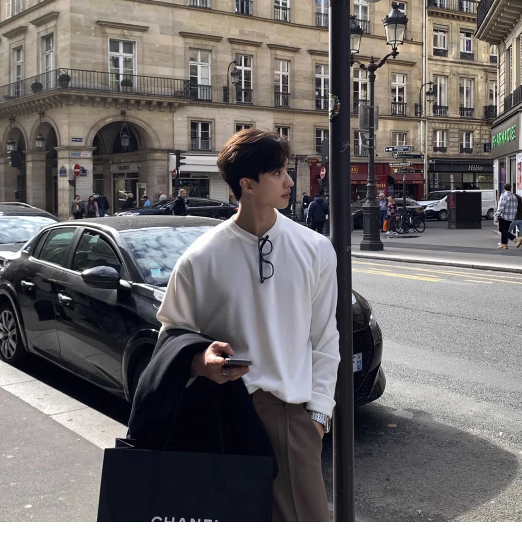 白色圆领打底衫男秋冬保暖德绒宽松韩版高级内搭长袖T恤男士上衣