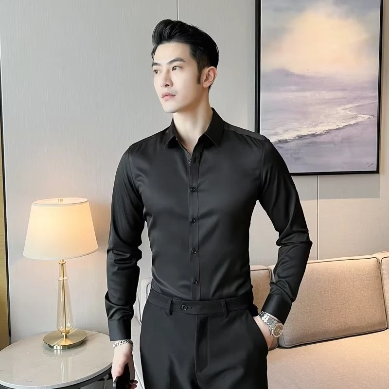 丝滑抗皱弹力垂感免烫男士长袖衬衫商务正装休闲纯色修身黑色衬衣