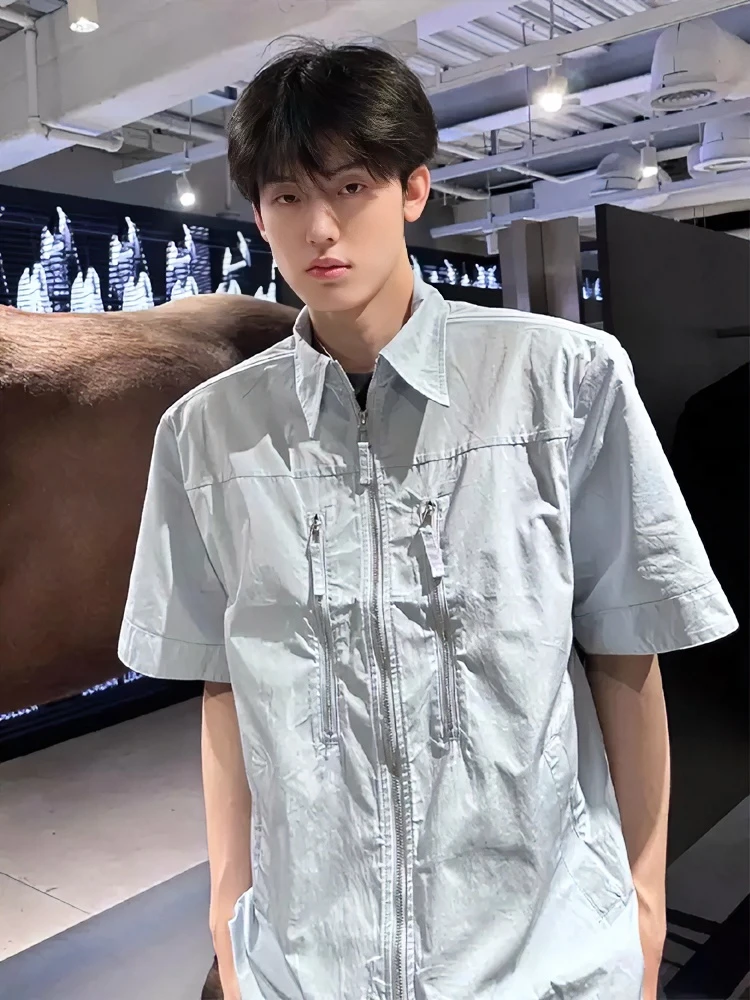 浅蓝色垫肩拉链短袖衬衫男夏季潮牌痞帅高级感衬衣美式高街五分袖