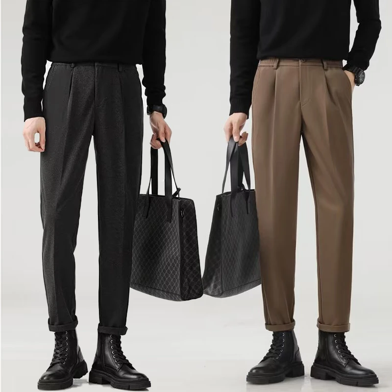 毛呢西裤男秋冬长裤垂感锥形裤韩版加厚男士百搭修身直筒休闲裤子