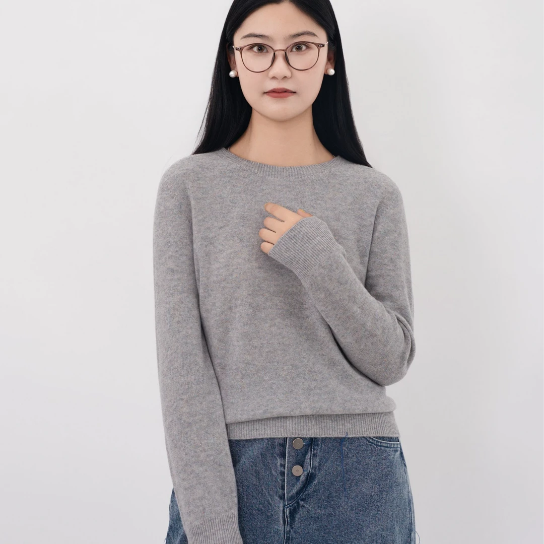 无缝金豆纱圆领羊毛衫【100绵羊毛】女式纯色时尚美丽诺圆领针织衫