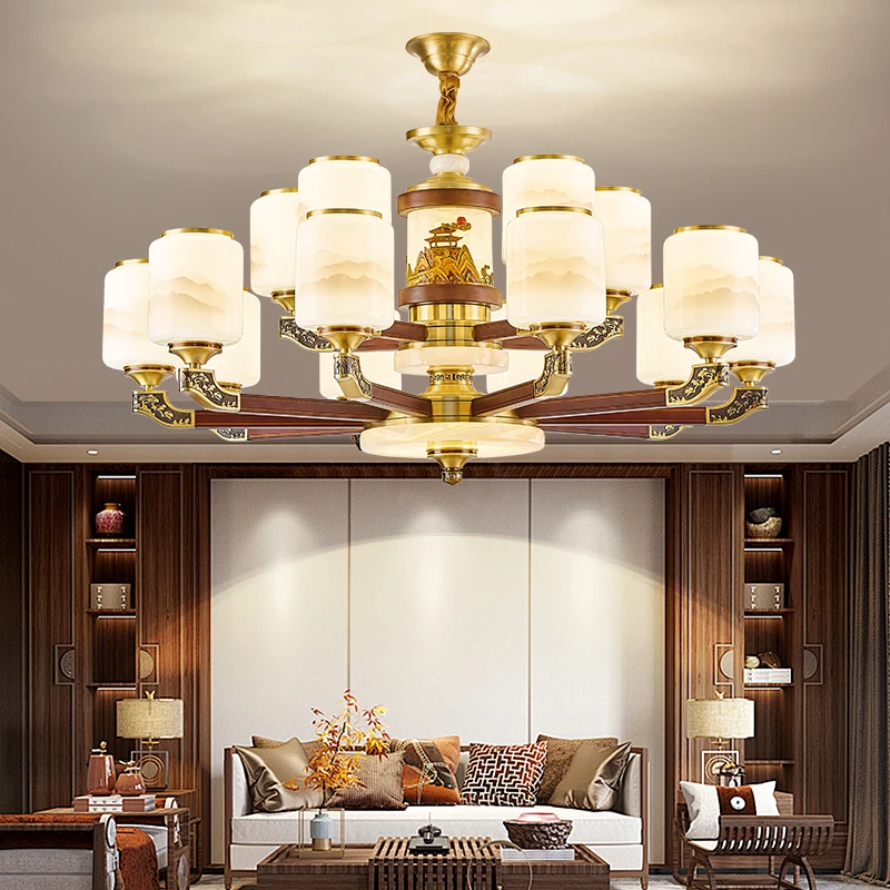 新中式客厅大厅吊灯别墅复式楼铜加实木玉石餐厅灯中国风高端大气