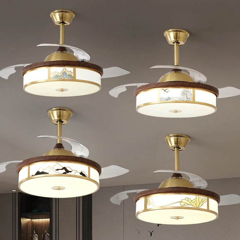 厂家直销新中式全铜实木风扇灯餐厅中国风酒店民宿卧室禅意吊扇灯