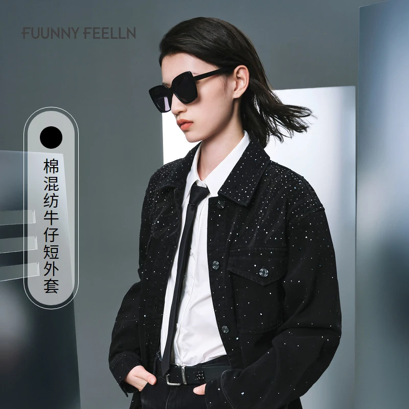 FF仿佛冬季黑色牛仔短外套宽松休闲上衣设计感FC00944