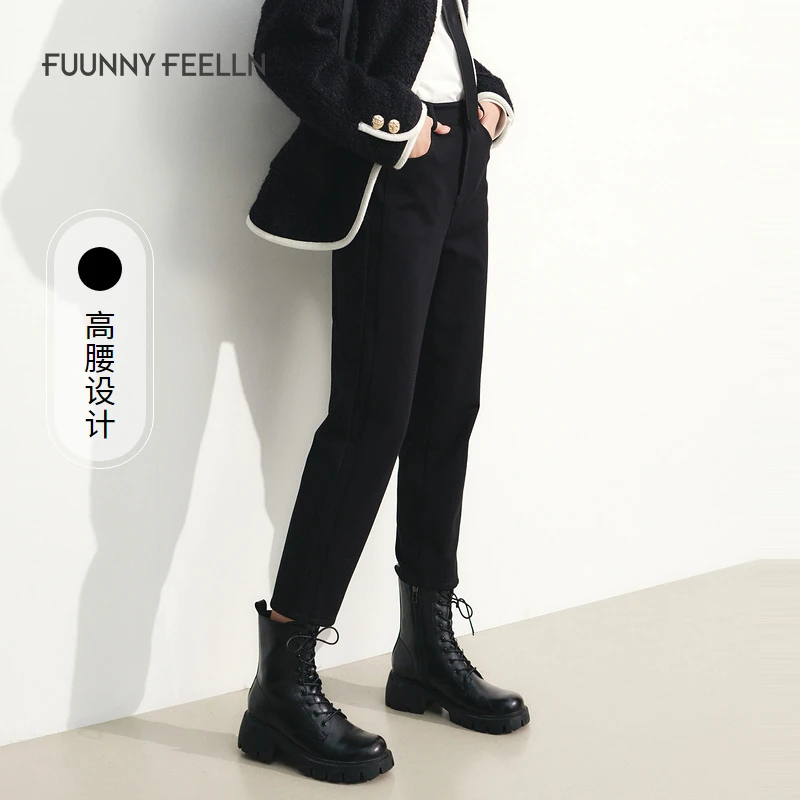 【小余专属】黑色休闲裤女磨毛高腰直筒修身九分裤FV01039W0