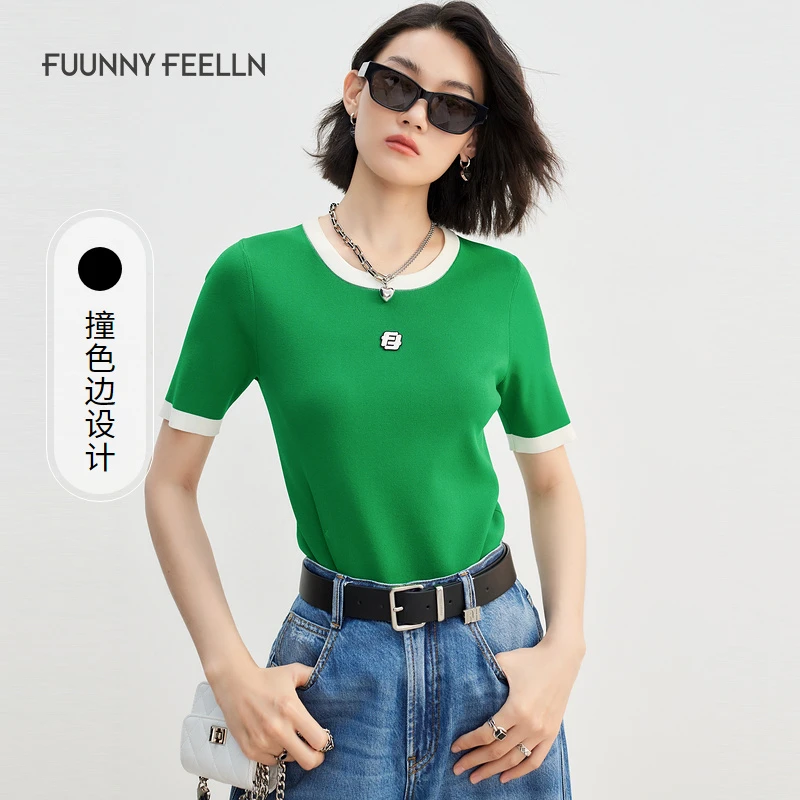 FF||仿佛短袖针织衫女T恤修身显瘦撞色上衣FZ01356