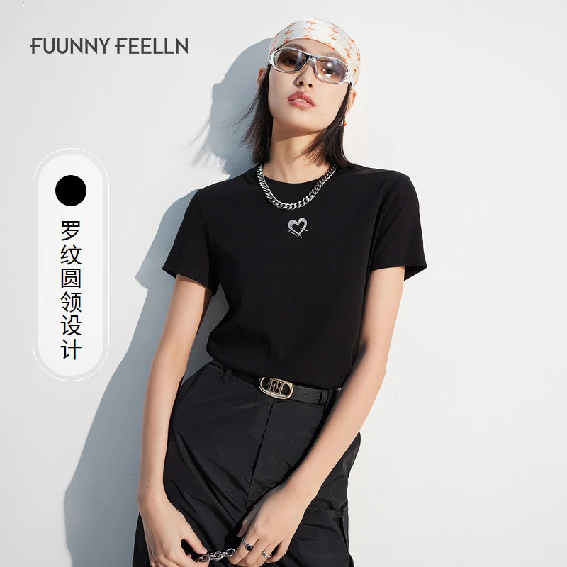 FF仿佛黑色T恤女短袖圆领印花休闲百搭宽松小
