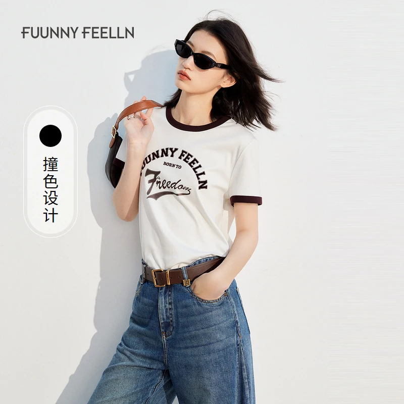 FF仿佛撞色T恤女短袖纯棉圆领流行时尚字母印花FM00895