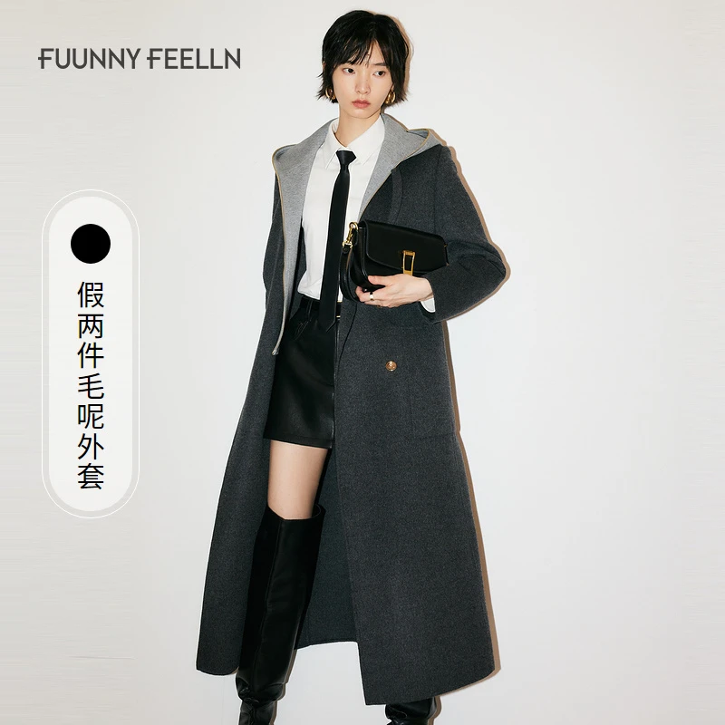 FF仿佛冬季黑色毛呢大衣女气质通勤可拆卸长款FL00390