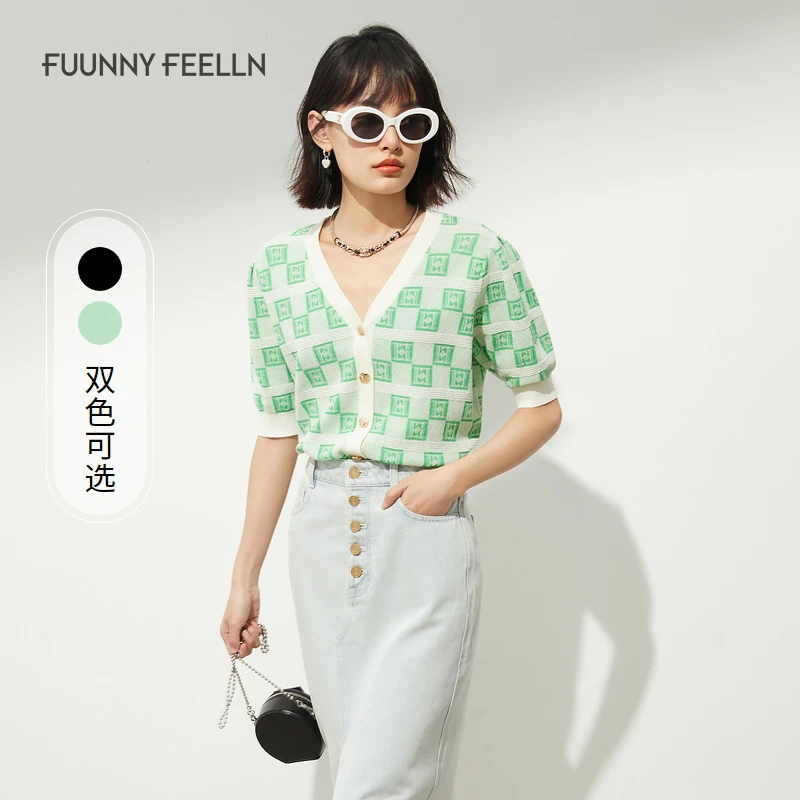 FF||仿佛短袖针织衫女V领薄款T恤修身显瘦FZ00804