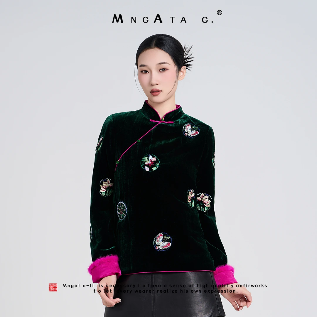 MNGATA G.宫小妍【青山万朵】真丝丝绒新中式中国风秋冬上衣X280360