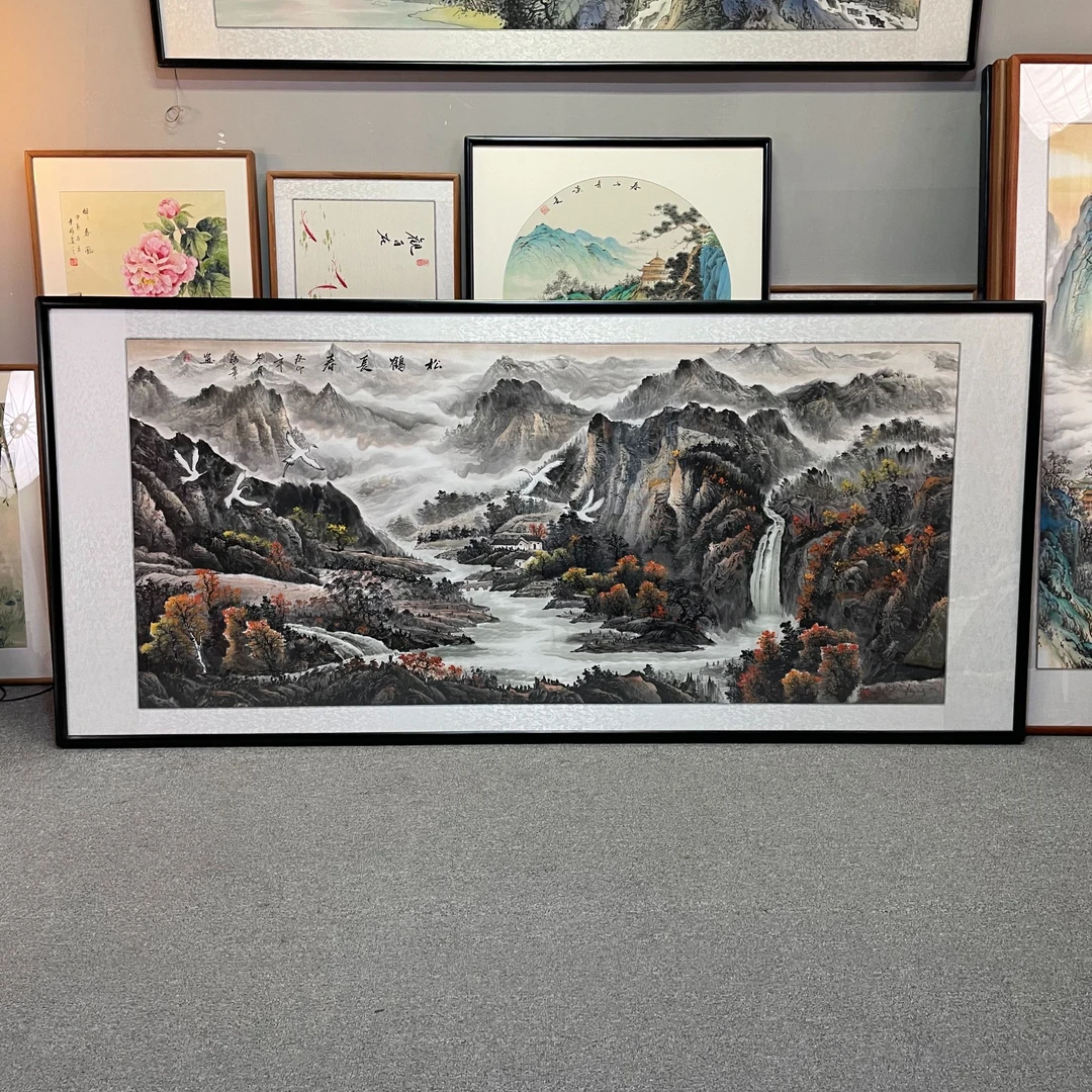 纯手绘-松鹤长春【238*108】国画山水画客厅办公室挂画字画直播间