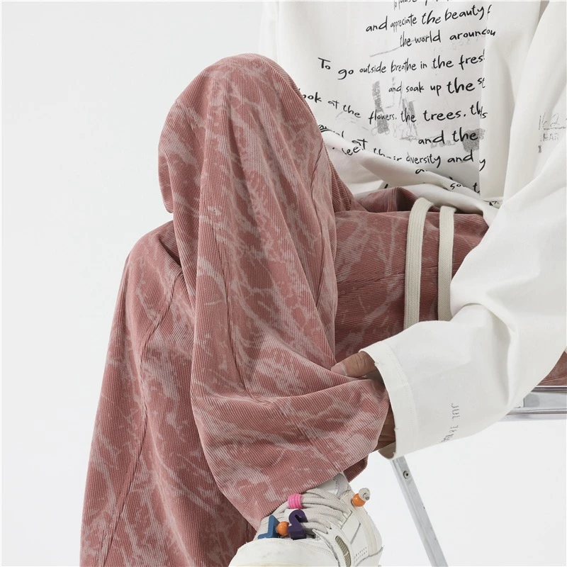 美式潮牌褶皱扎染裤子男秋冬宽松垂感直筒阔腿复古灯芯绒休闲长裤