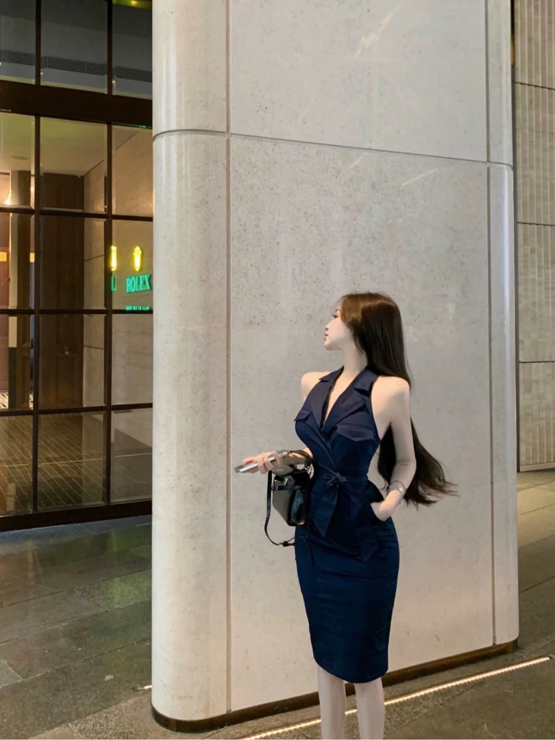 843娇俏千金】轻奢气质V领纯欲性感修身收腰包臀连衣裙843中长款