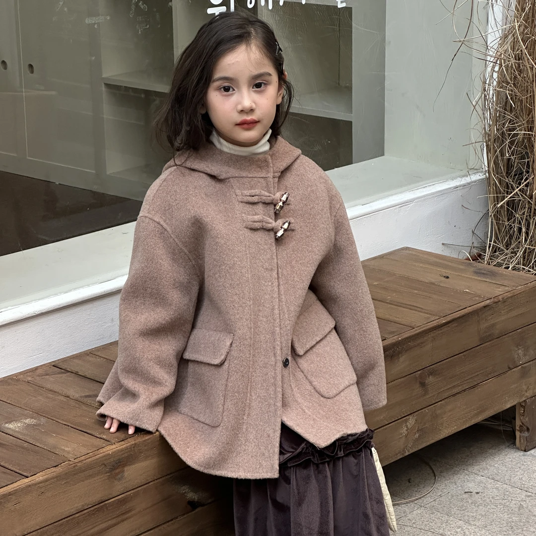 【混咖色】100%双面绵羊毛牛角扣童装大衣连帽双面呢秋冬时尚-036