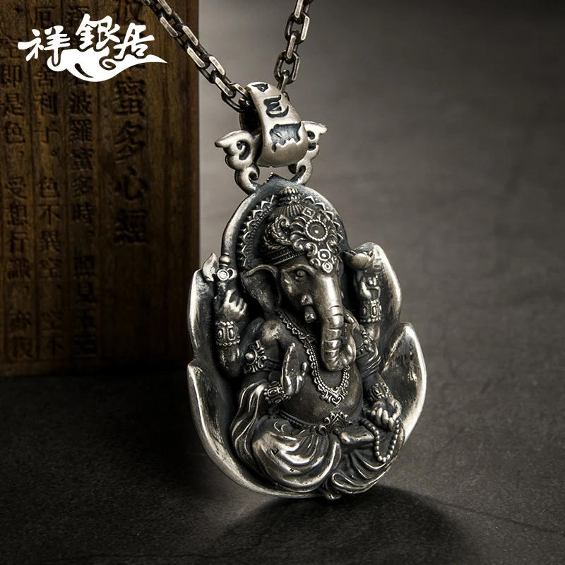 原创手工泰国足银佛像吊坠 神象吉象佛牌吊坠 男士个性复古银项链