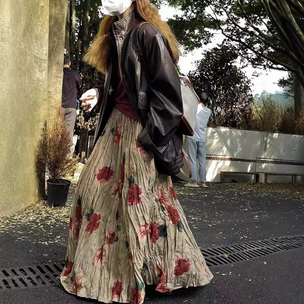 爆款复古晕染玫瑰花大摆裙高腰垂感褶皱百褶裙印花半身裙新款碎花