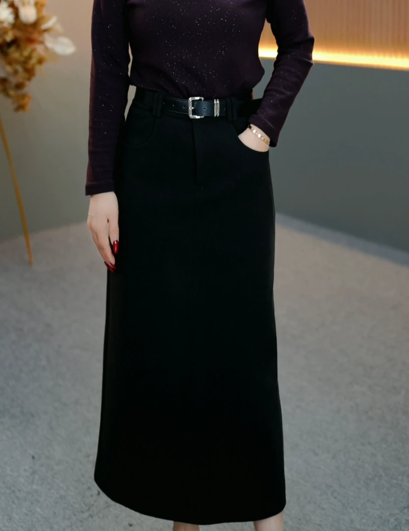 2024新款秋冬时尚百搭A字裙高腰高定毛呢面料气质显瘦半身裙36166