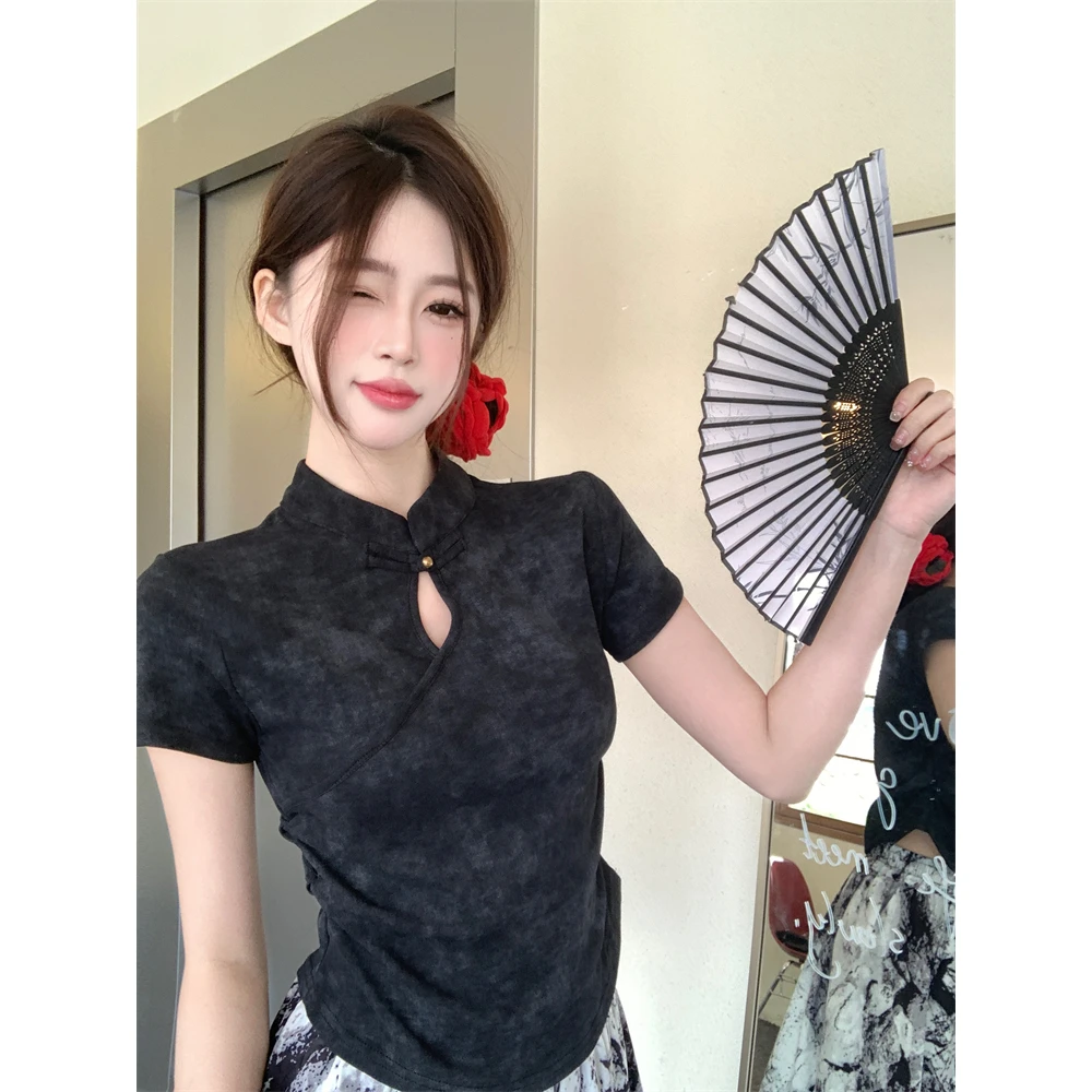 新中式扎染夏季短袖T恤女夏装显瘦设计感盘扣国风复古上衣半袖潮