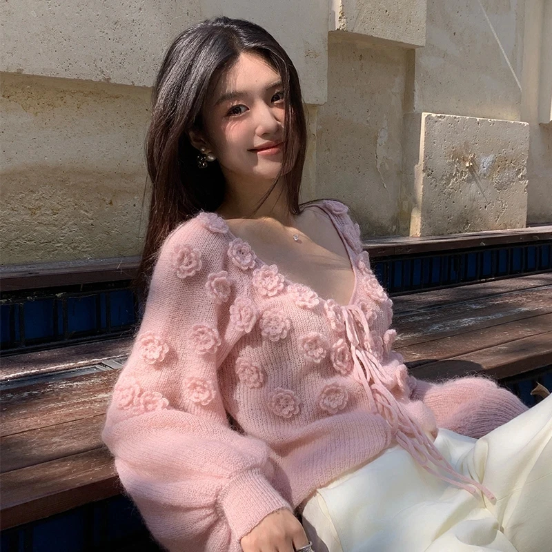 【花海】 法式慵懒温柔风手工钩花毛衣高腰V领针织上衣小众宽松
