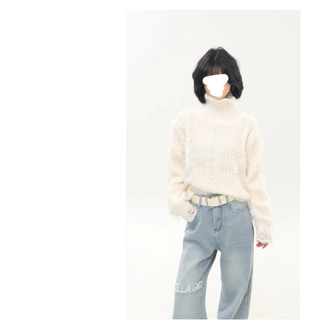 2024秋冬季新款韩版设计感破洞高领毛衣女长袖针织上衣