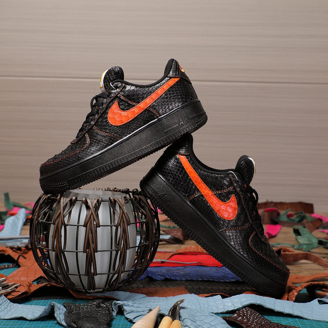 NIKE/耐克AF1空军一号低帮黑橙蟒蛇皮厚底时尚百搭潮鞋【定制球鞋】