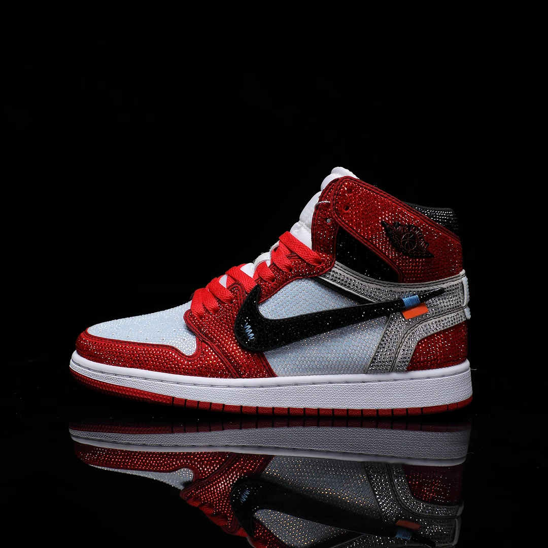 NIKE/耐克Air Jordan 1芝加哥红白满钻ow高帮潮流百搭潮【定制球鞋