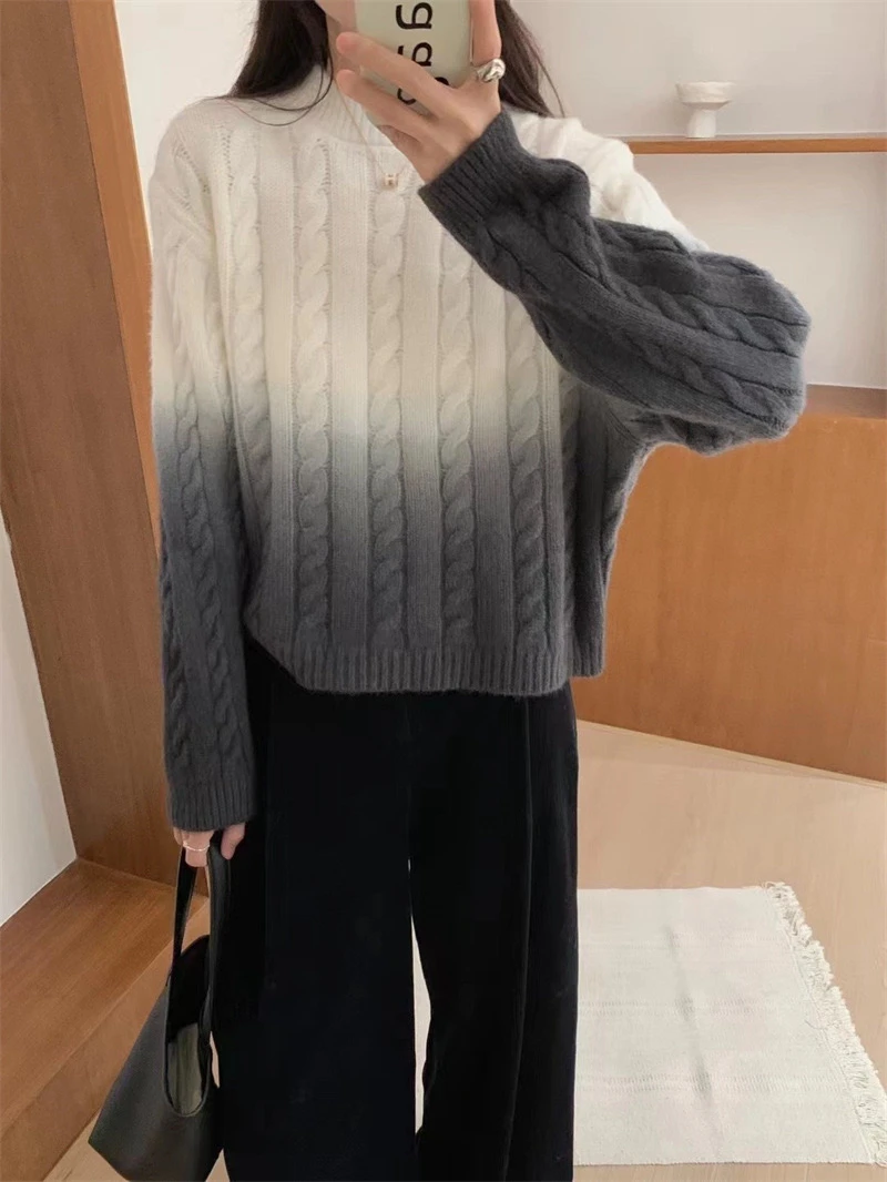 渐变色麻花套头毛衣222