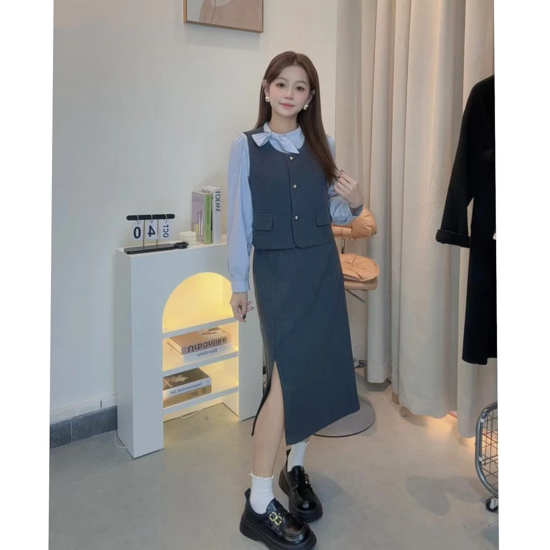 【现现】小个子灰蓝秋季新款法式英伦通勤风高级感上下三件套装裙