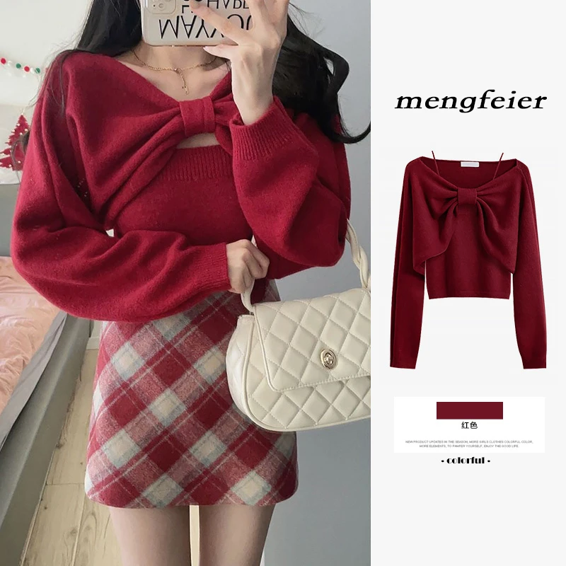 圣诞红色蝴蝶结新年针织衫女秋冬独特别致露肩毛衣短款上衣两件套