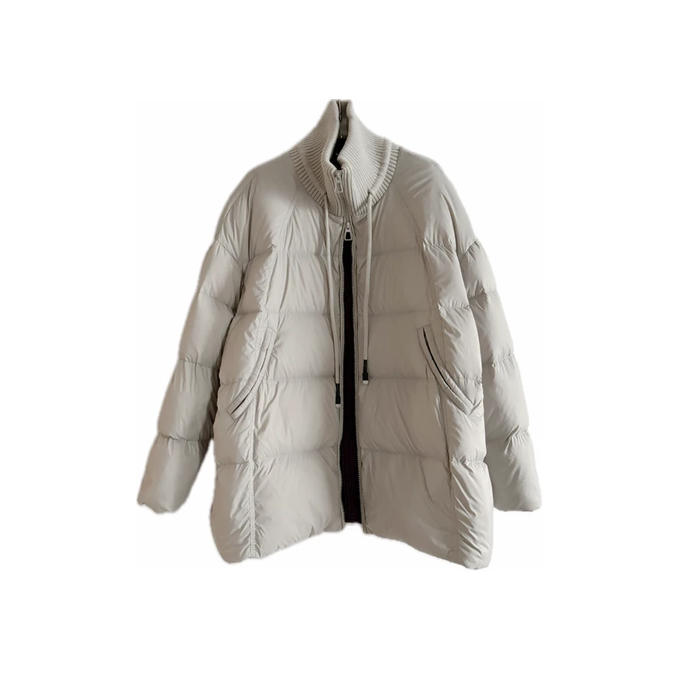 【毛线立领】双头拉链中长款新国标90白鸭羽绒门襟拼色简约羽绒服