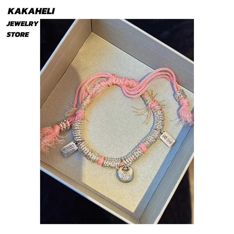 铜合金手链 气质轻奢时尚百搭小众粉色编织手工拖动手链KK2451