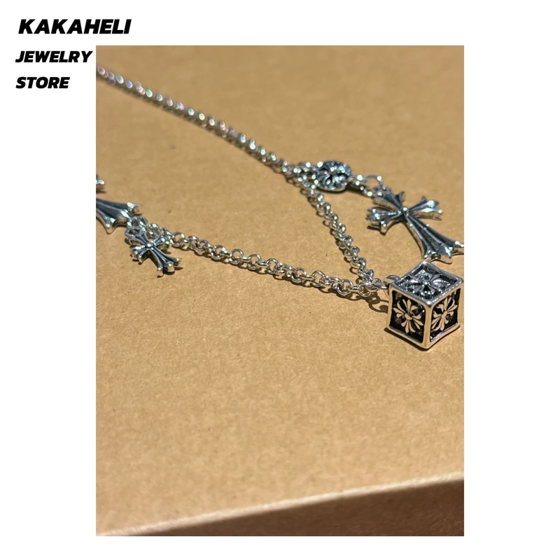 钛钢项链 时尚百搭复古古风做旧银制方块十字架项链KK2460