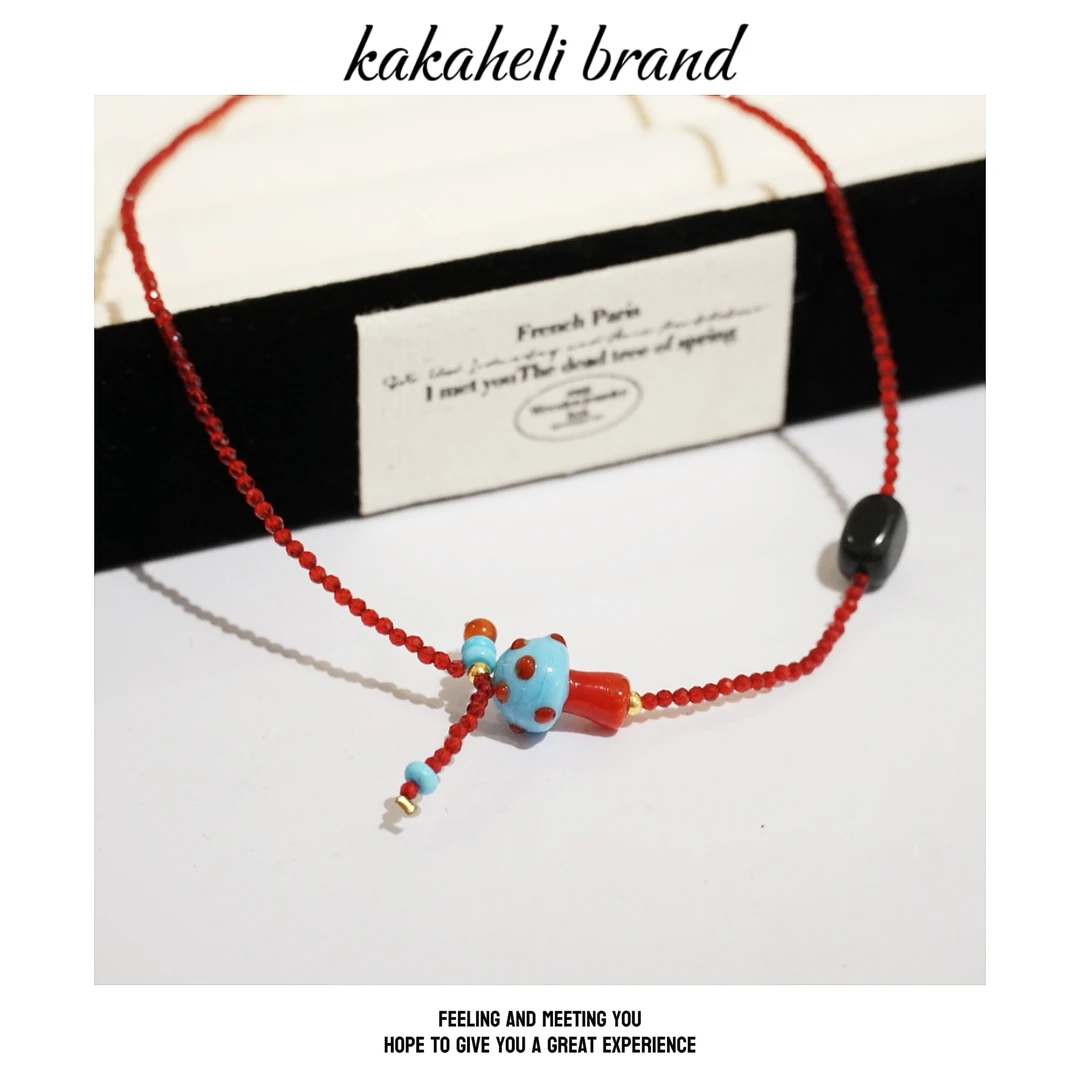 钛钢项链 时尚可爱百搭编织小众简约个性蘑菇红绳项链KK2000