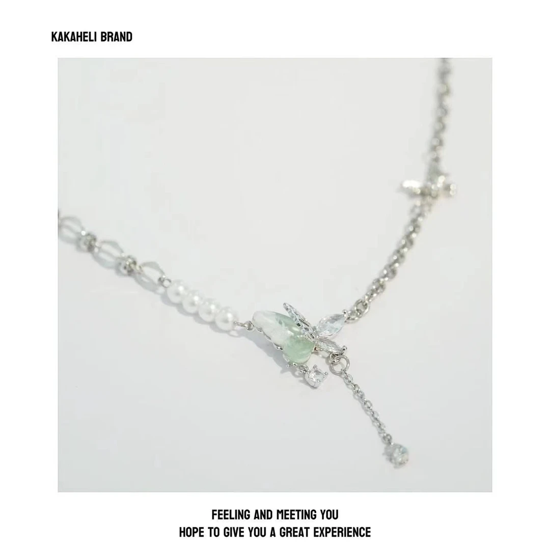 钛钢仿珍珠项链 气质轻奢百搭法式小众ins超仙绿色蝴蝶项链KK493