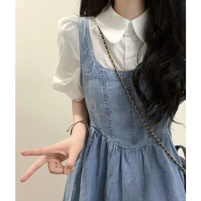 法式泡泡袖假两件牛仔吊带连衣裙女夏季小个子收腰显瘦气质长裙子