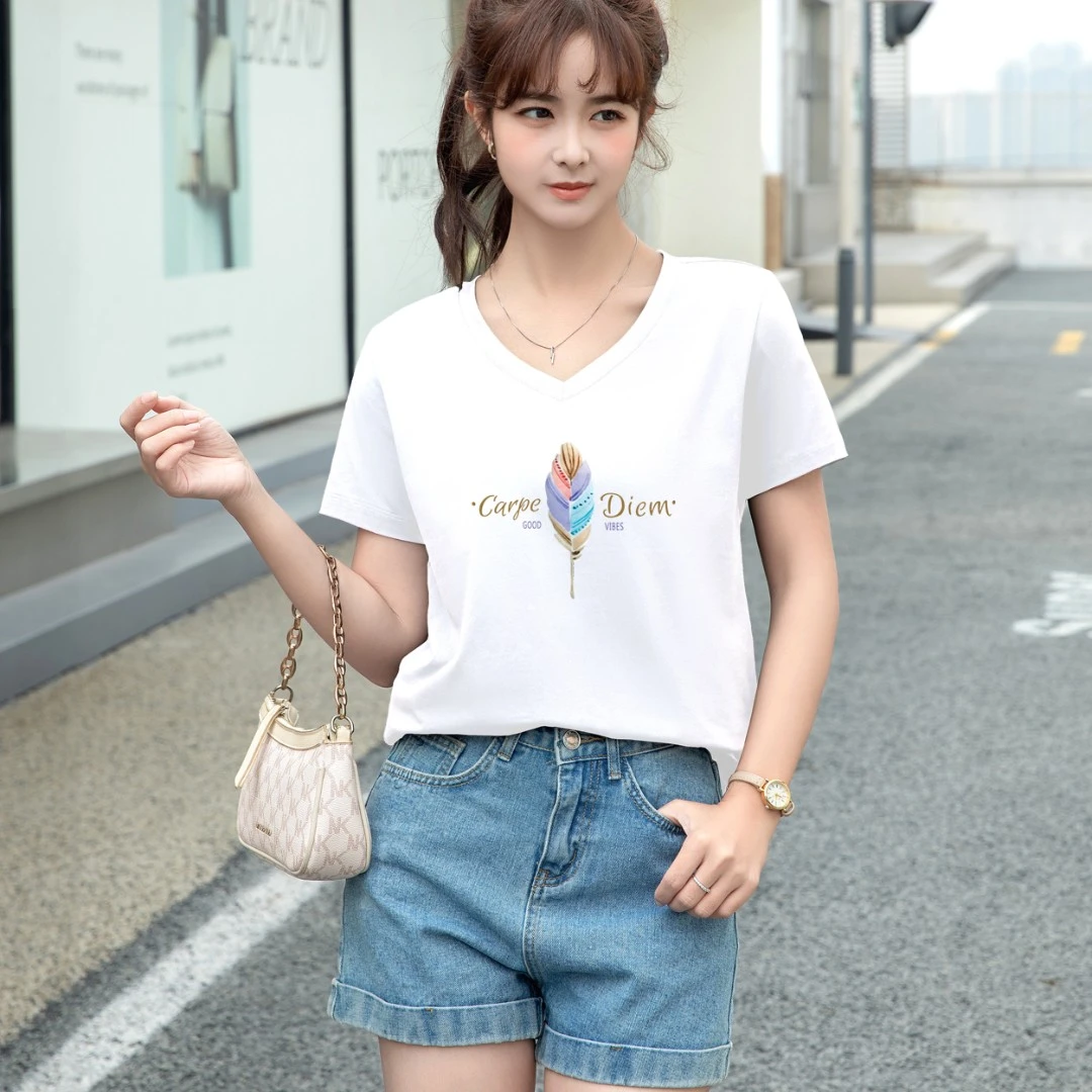 新款V领显瘦冰瓷棉微胖正肩短袖女简约休闲夏季大码t恤韩版印花