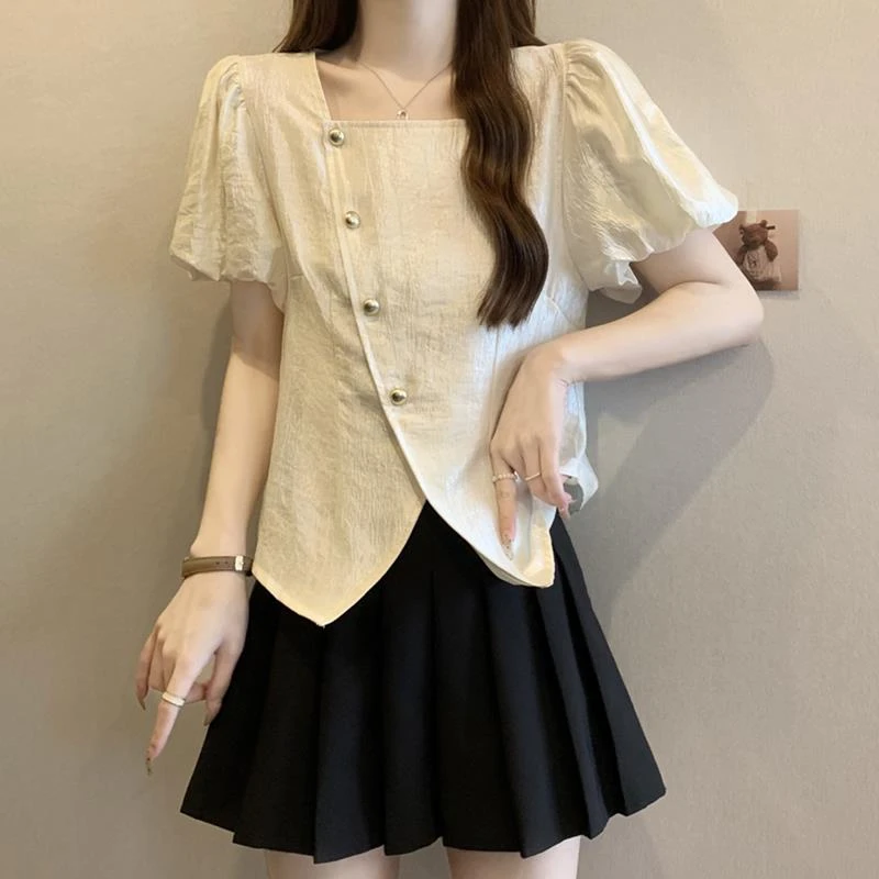 大码女装遮肚子小香风短袖雪纺衬衫女夏季胖妹妹显瘦方领小众上衣