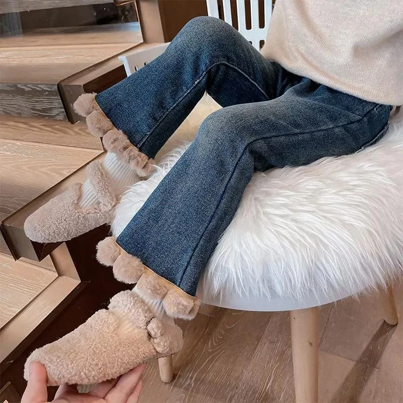 女童加绒牛仔裤裤子2024新款冬装宝宝小童女孩洋气加厚喇叭裤长裤