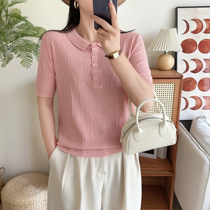 薄款polo领短款白色针织冰丝短袖t恤女2024新款爆款夏季洋气上衣