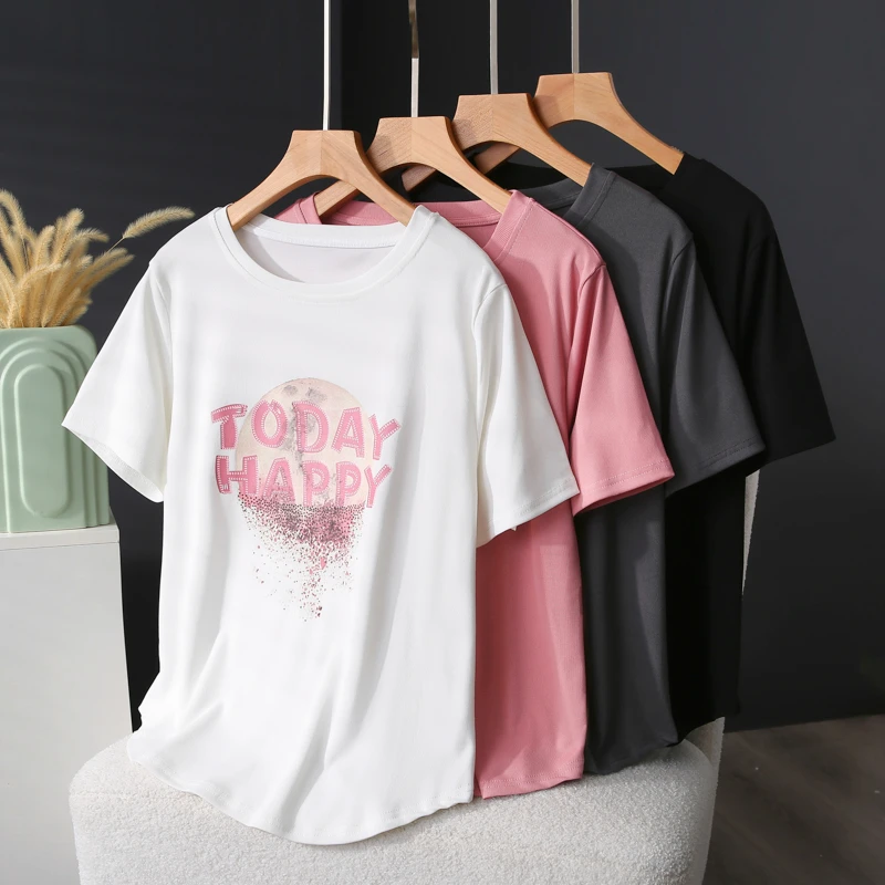 大码女装洋气显瘦设计感印花字母正肩圆领白色短袖t恤女200斤