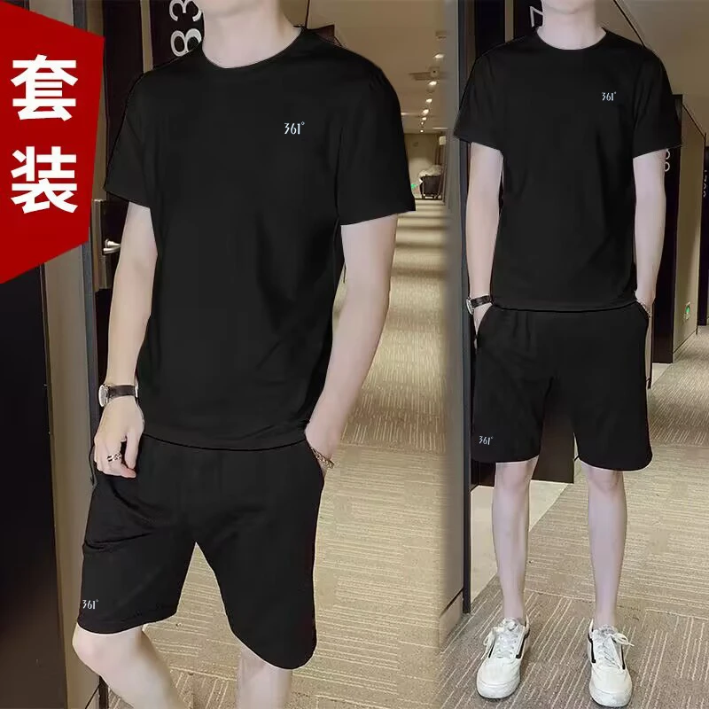 361度运动套装男新款短袖t恤透气速干冰丝五分裤子跑步服短裤两件