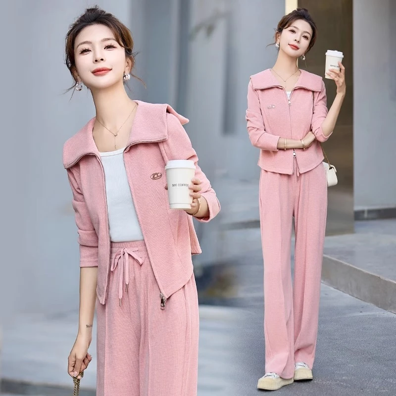 休闲运动阔腿裤套装女2024年春秋季新款时尚粉色娃娃领外套两件套