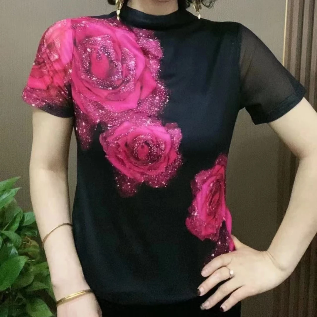 2024夏新款短袖半高领时尚百搭气质洋气修身花色显瘦打底小衫上衣