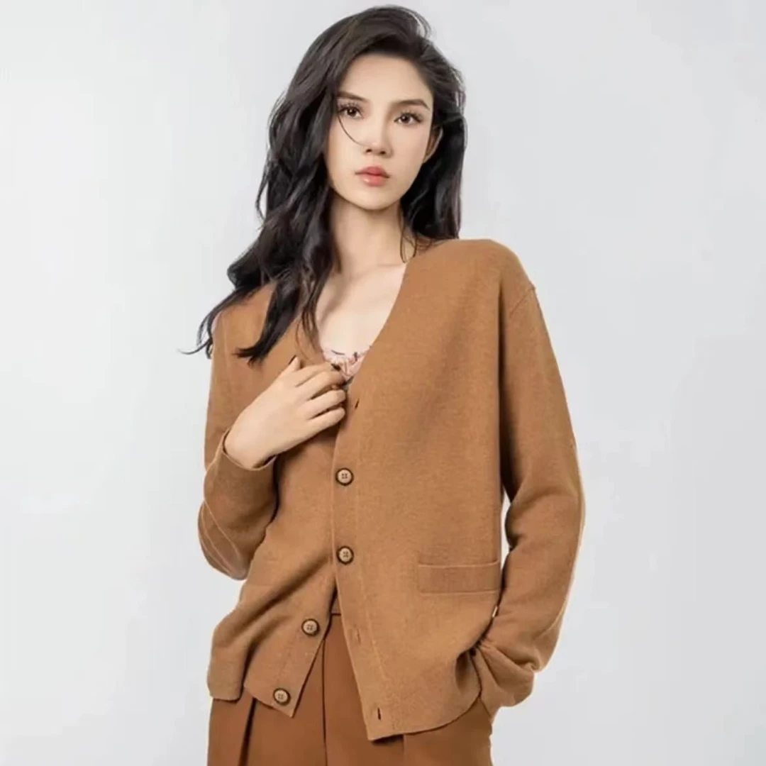 AMASS/阿玛施新款奢雅时尚质感垂坠V领绵羊毛长袖针织开衫5499268