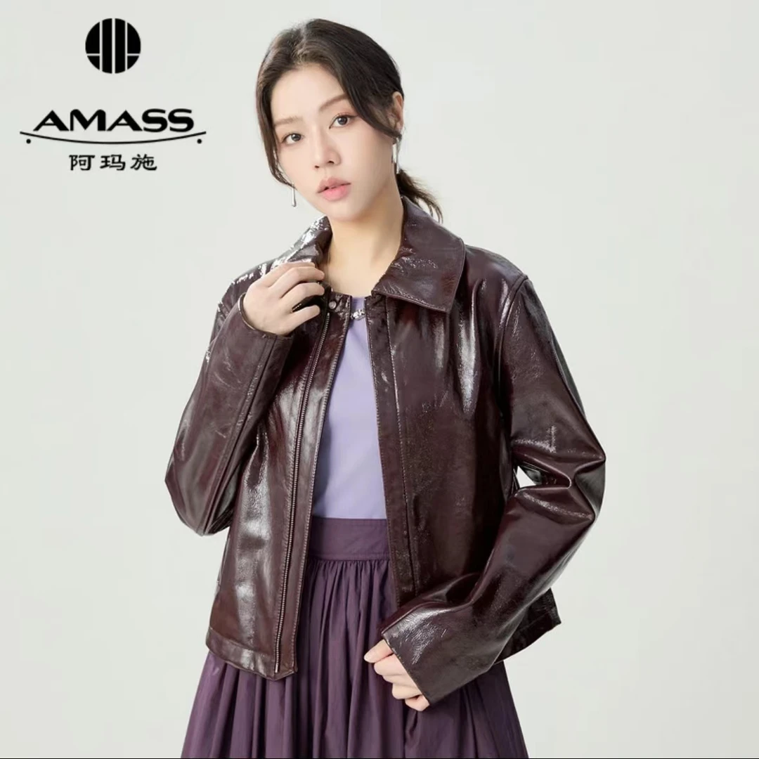 AMASS/阿玛施复古高级港风翻领拉链机车夹克羊皮皮衣女5400925